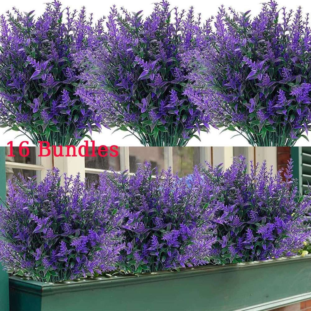 16 Bundles Artificial Fall Flower Outdoor Fake Lavender UV Resistant Plants Faux