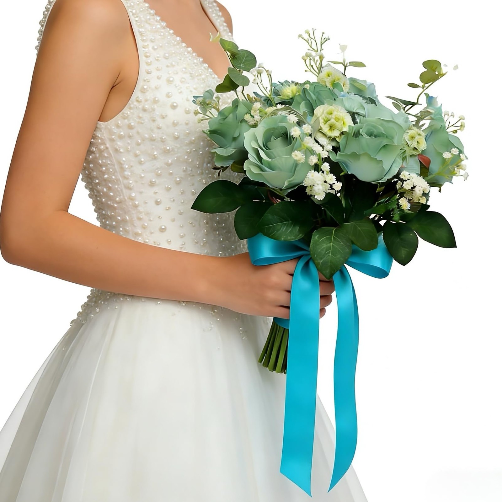 Turquoise Teal Blue Artificial Silk Rose Babys Breath Mixed Flowers Teal Rose