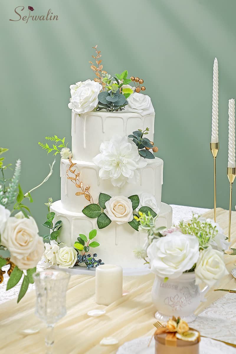 Artificial White Fake Foam Silk Flowers Wedding Cake Bouquet Centerpiece Decor