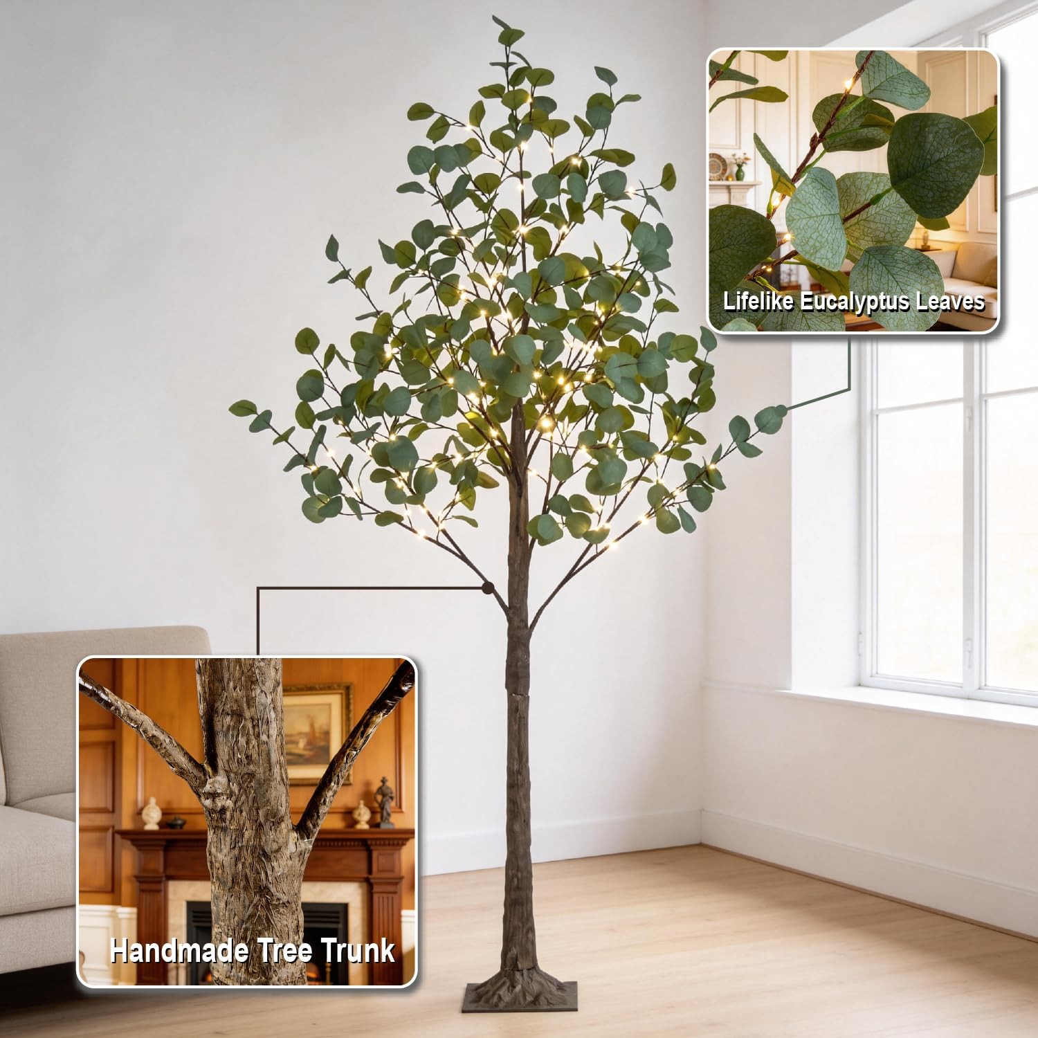 6FT Lighted Eucalyptus Tree 270L Warm White LED Artificial Greenery with Ligh…