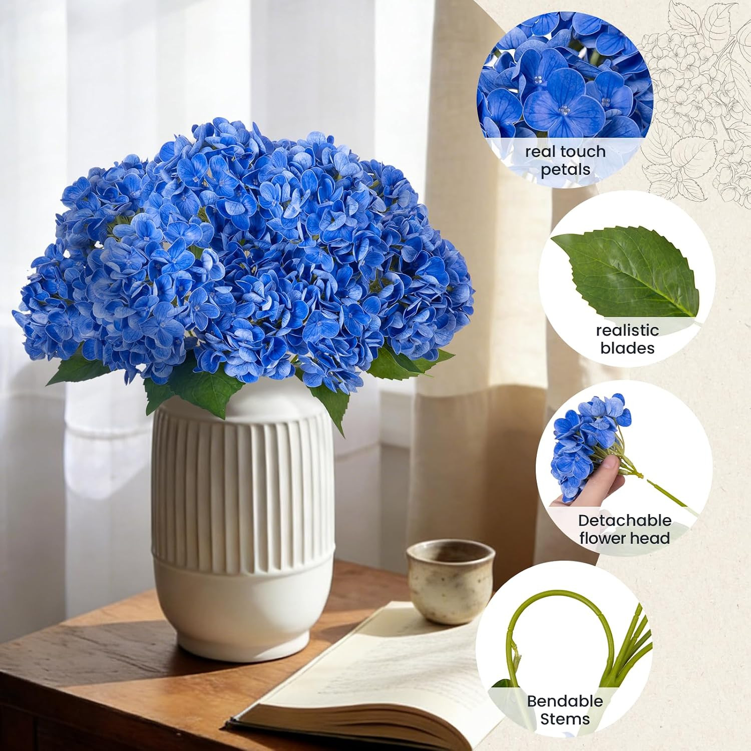 Real Touch Faux Blue Hydrangea Bouquets – 3pcs 18″ for Weddings & Decor