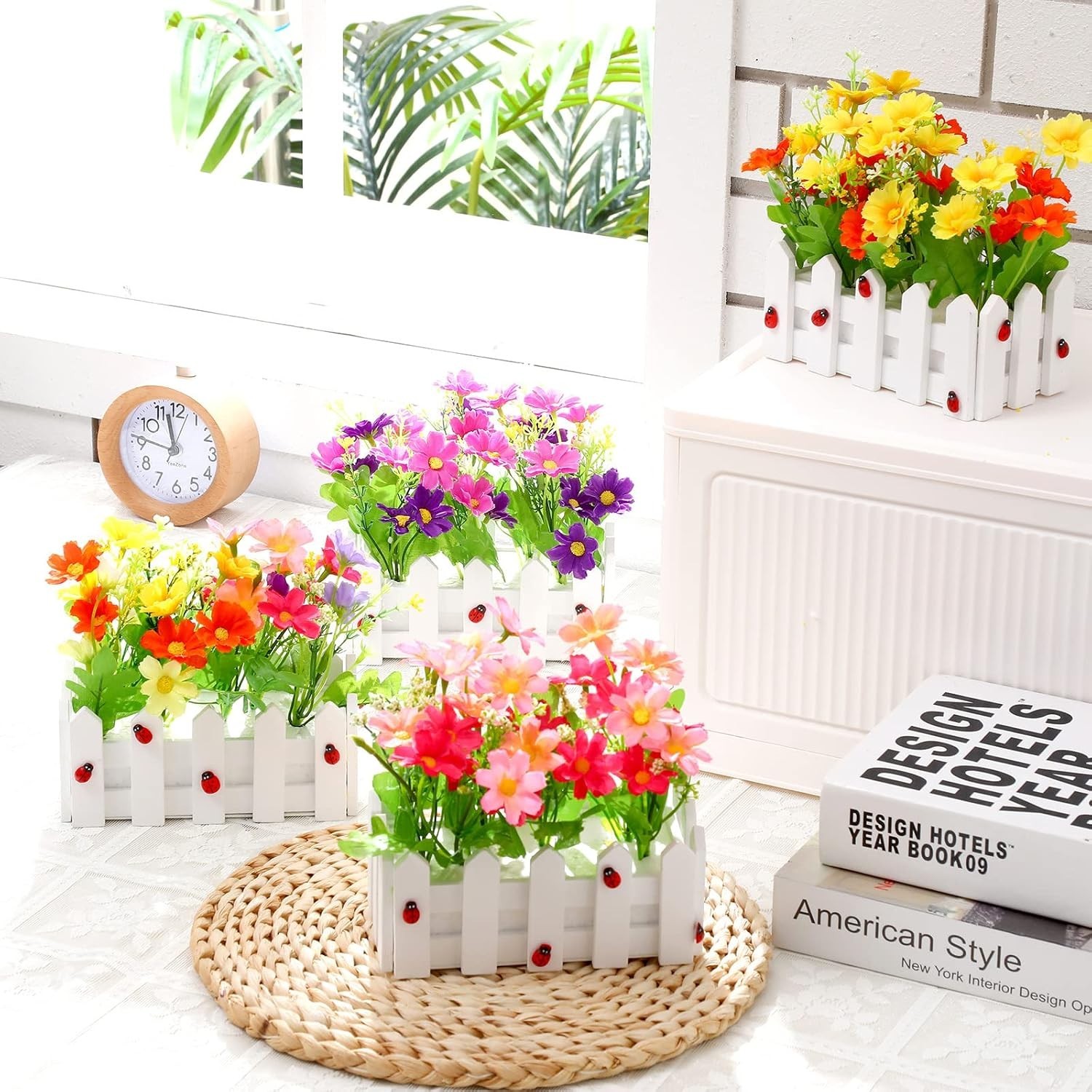 Jexine Artificial Flower Plants Potted in Picket Fence (6.3 Inch, 24 Pcs)