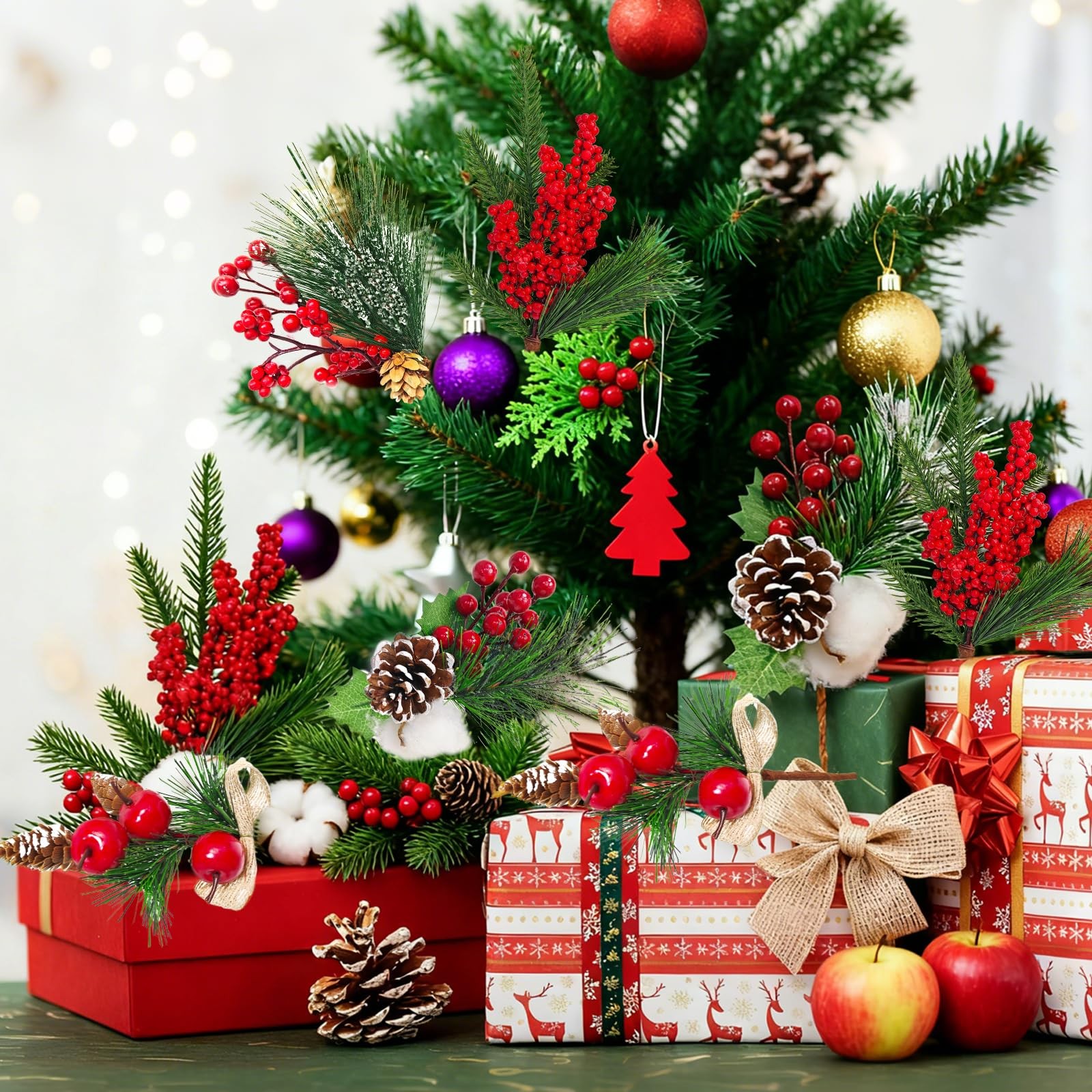 Christmas Picks and Sprays Artificial Pine Needles Branches Berries Red Stems…