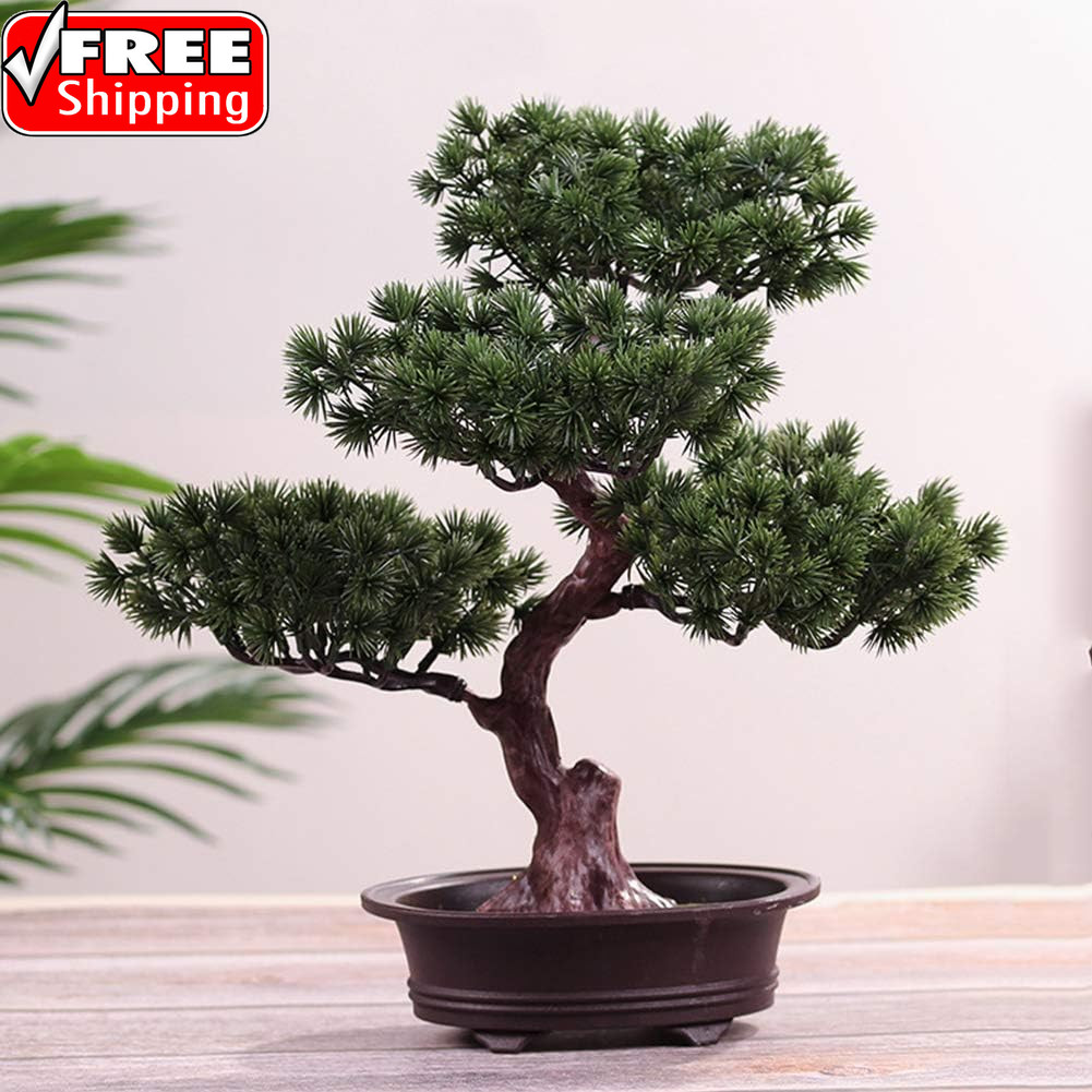 Artificial Bonsai Pine Tree, 11Inch Faux Potted Plant Desk Display Fake Tree Pot