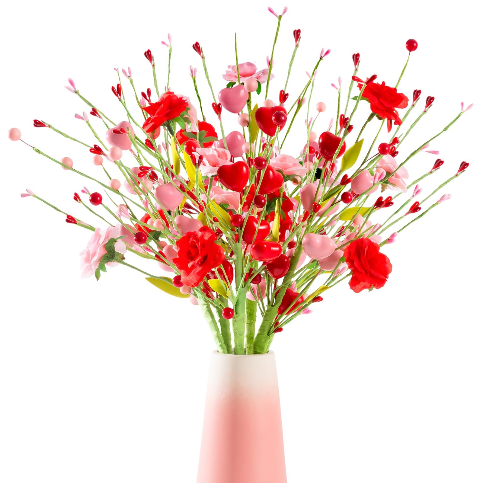 5 PCS Artificial Rose Bouquet Pink Red Fake Roses Hearts Berries Centerpieces