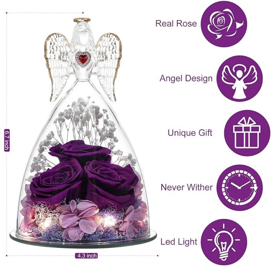 Preserved Flowers Gifts for Women, Mom Wife Grandma, Angel Figurine with Rose…