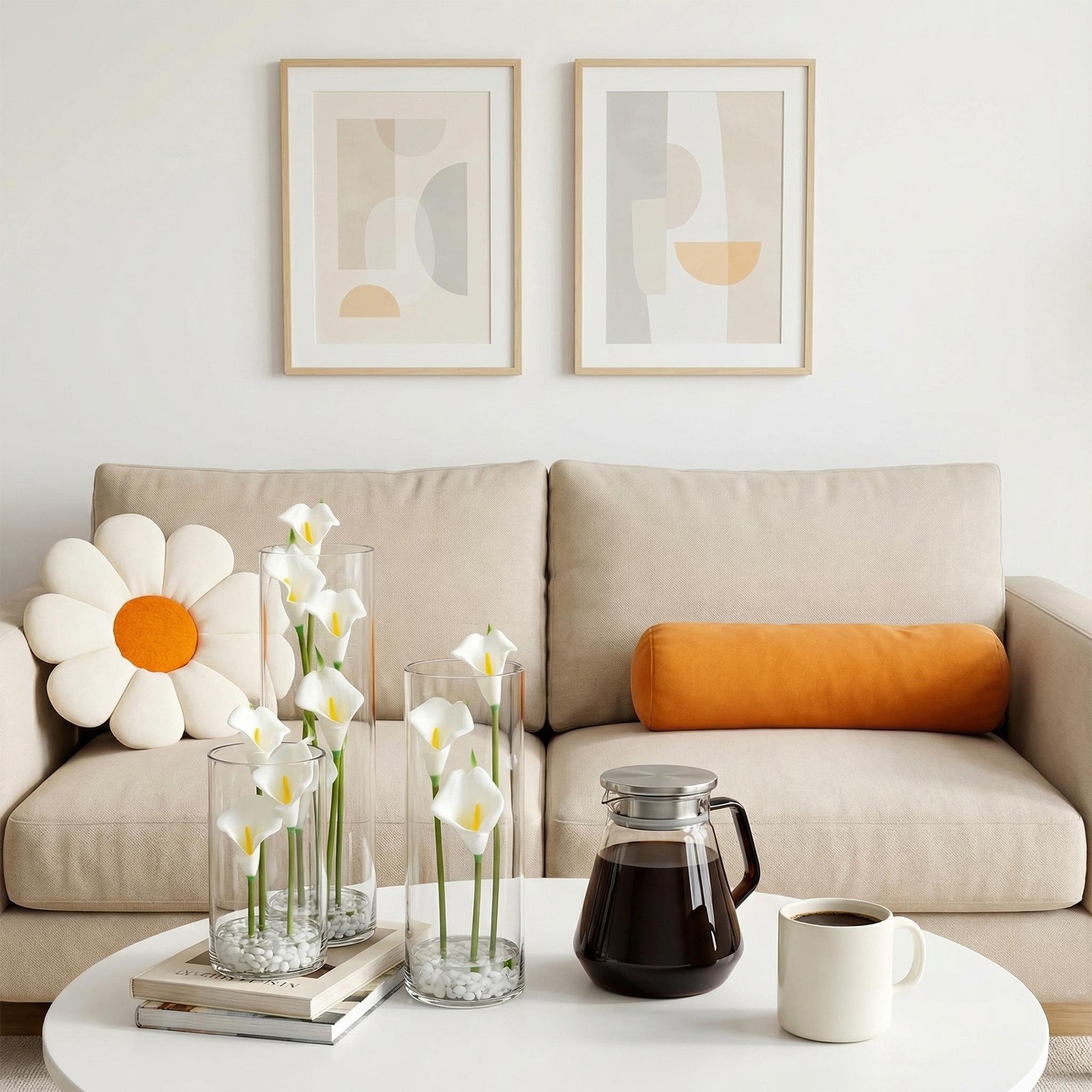 White Calla Lily Centerpiece Set of 3, Acrylic Cylinder Vases with Faux Flowers