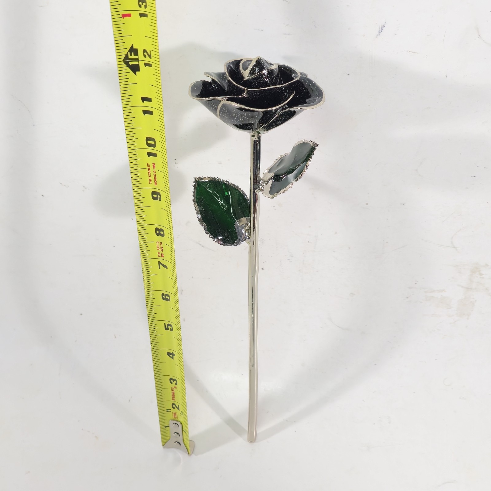 Steven Singer Jeweler Real Rose Preserved Dipped in Platinum Black & Green 12″