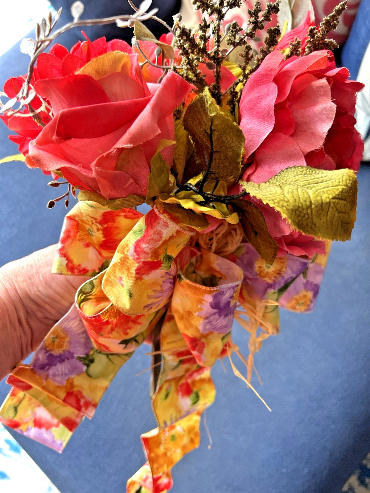 SPRING Flower BOUQUET Handmade Bow Coral Red Yellow Purple Peony Rose Zinnia