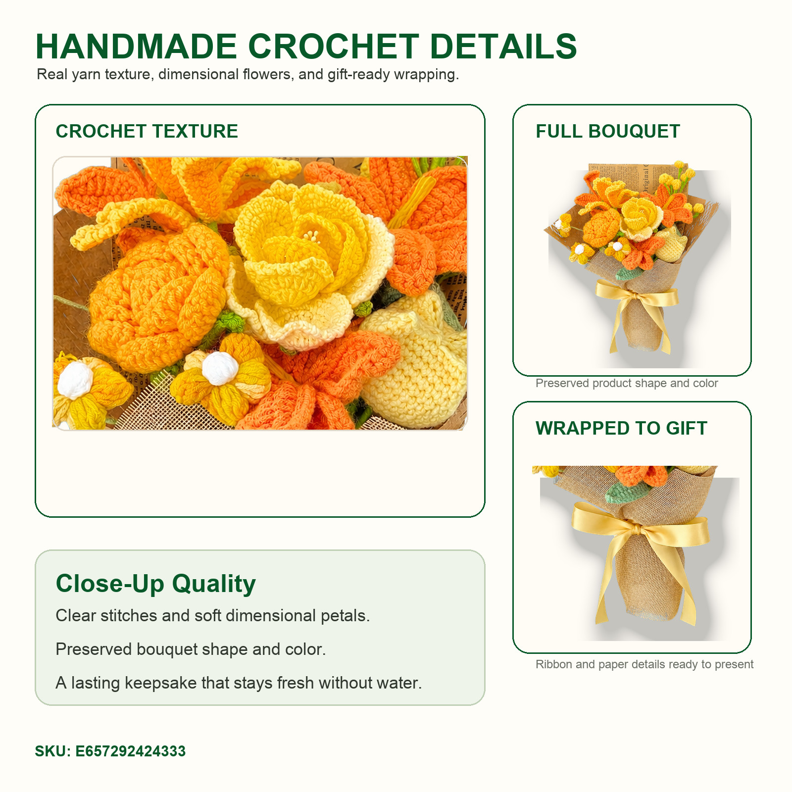 Yellow Orange Crochet Flower Bouquet Thank You Birthday Gift for Her