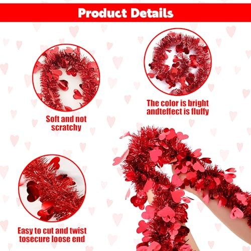 5Pcs 33Ft Valentine’s Day Tinsel Garland, Red Heart Metallic Tinsel Twist