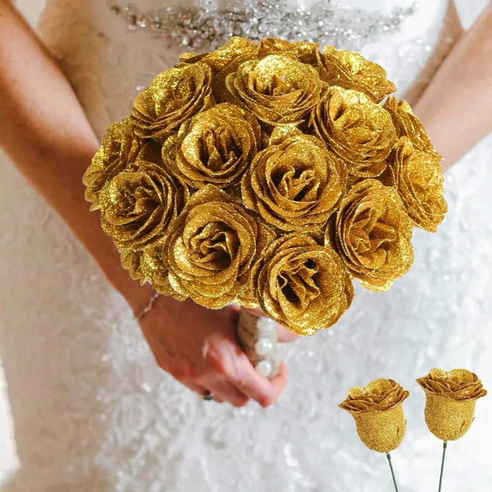 12PCS Glitter Roses Artificial Flowers DIY Bouquet Everlasting Fake Flower