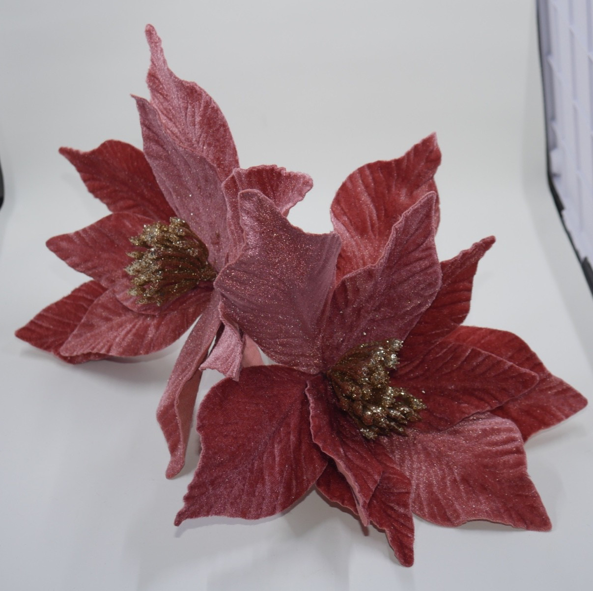 Jumbo Pink Poinsettia Velvet Touch Gold Sparkle Holiday Christmas Picks 2pc LOT