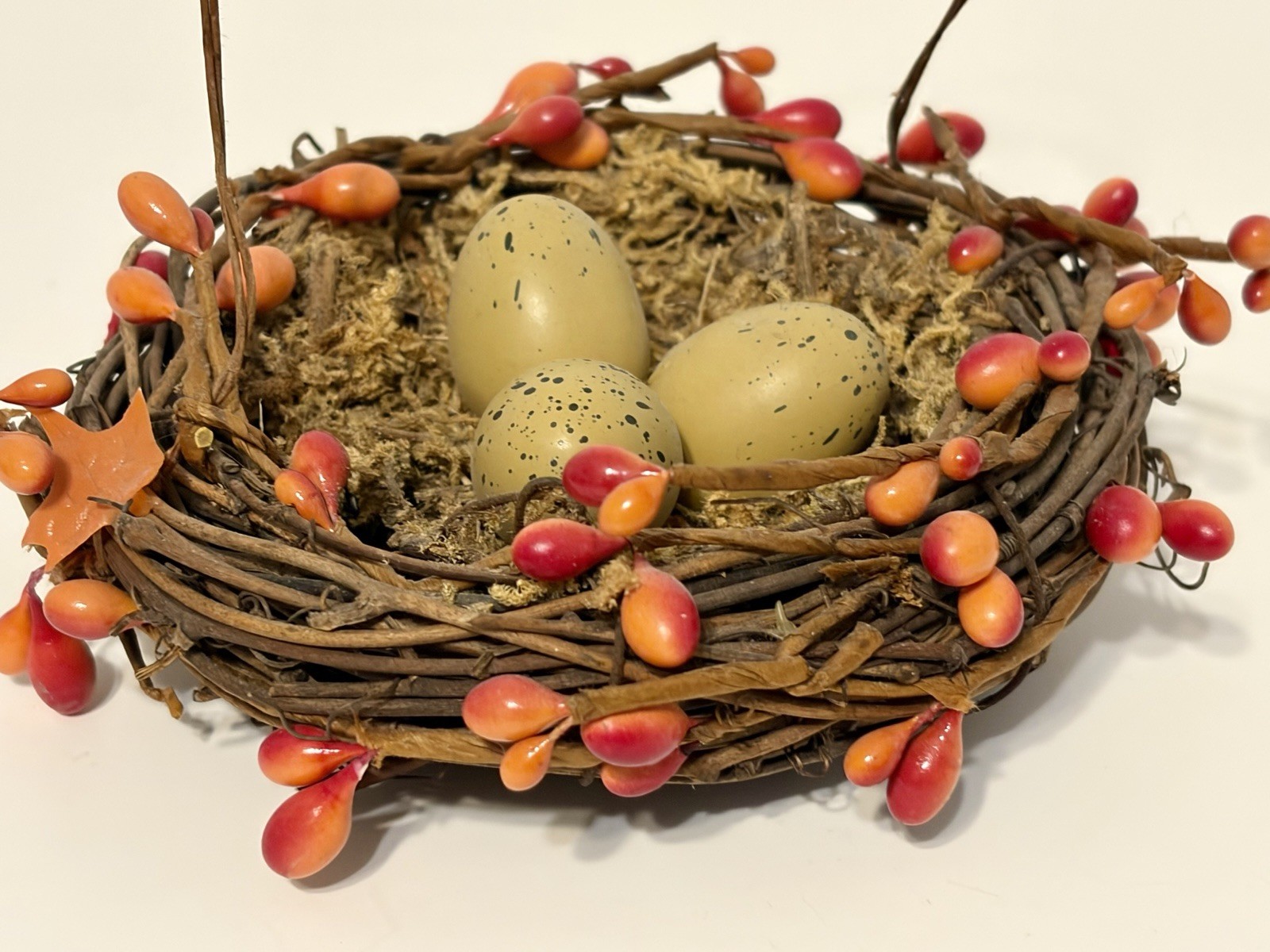 twig bird nest basket featuring faux eggs, , and moss Easter Decor Eggs Nest Vtg