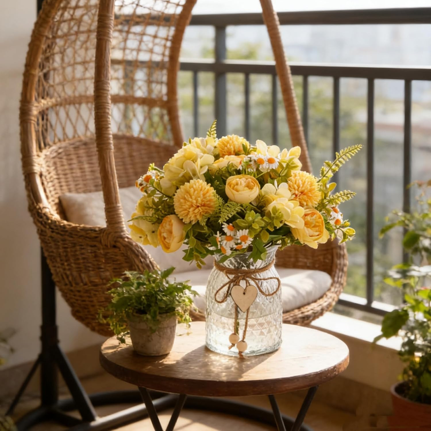 Yellow Faux Flower Arrangement with Vase – Silk Peony & Hydrangeas Centerpiece