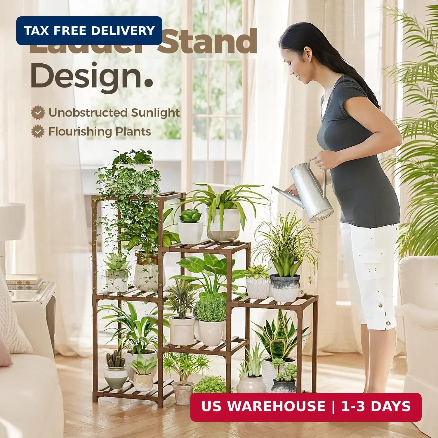Bamworld Plant Stand Indoor Plant Shelf Outdoor Wood Plant Rack for Multiple Pla