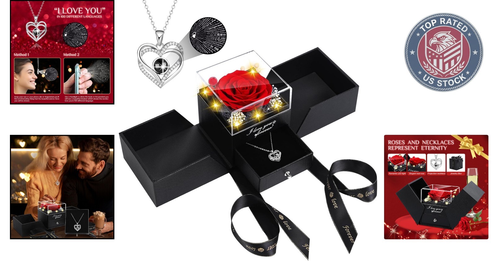 Romantic Preserved Rose with I Love You in 100 Languages Pendant Necklace