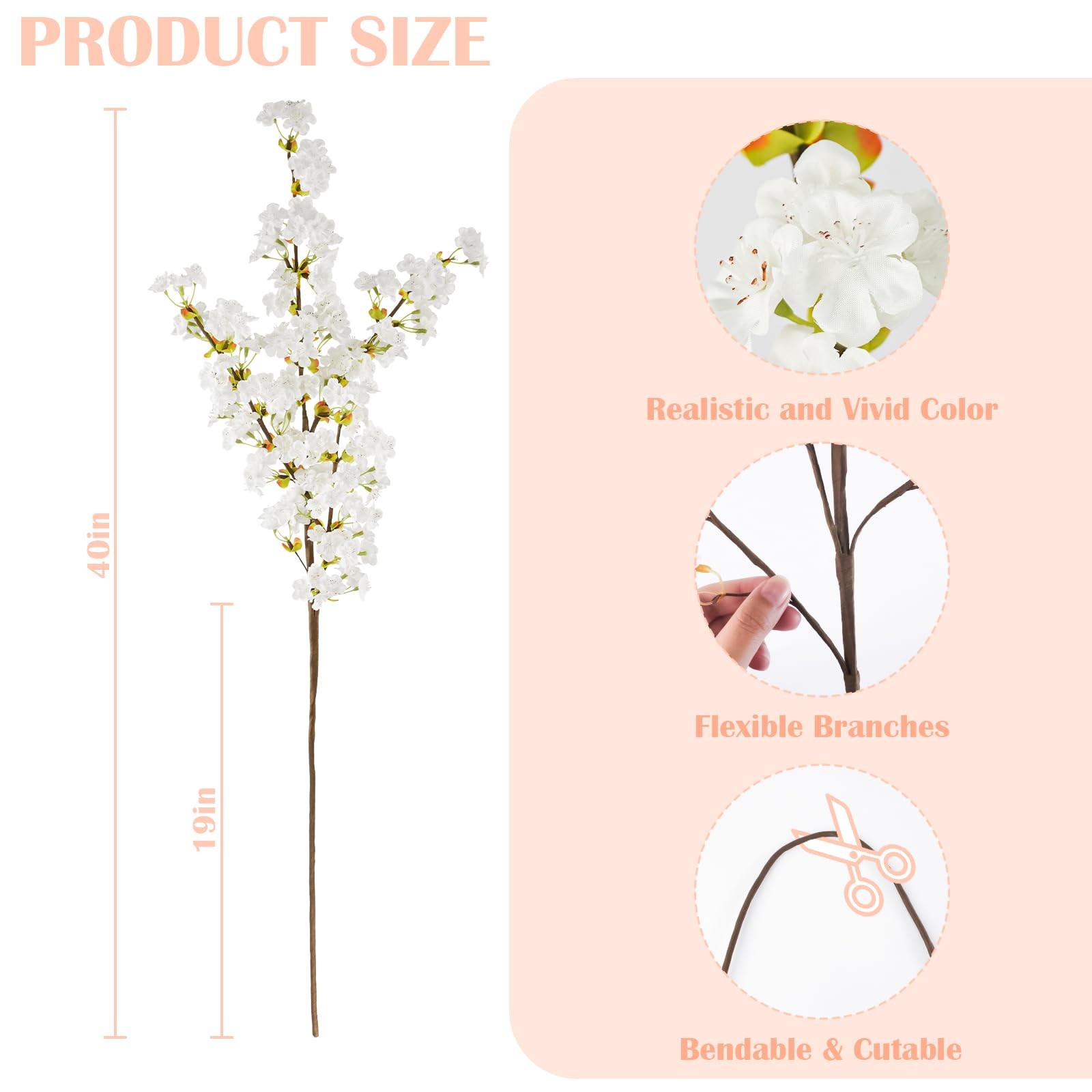 Silk Cherry Blossom Branches, 39.3in Artificial Cherry Blossom Tree Stems, Fa…