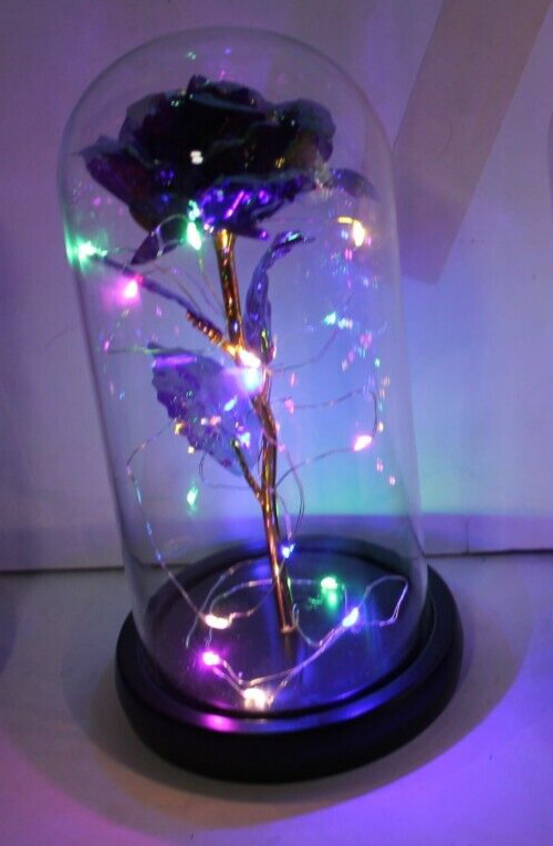 Blue Eternal Rose w LED Lights in Glass Dome Mothers Valentines Anniversary Gift