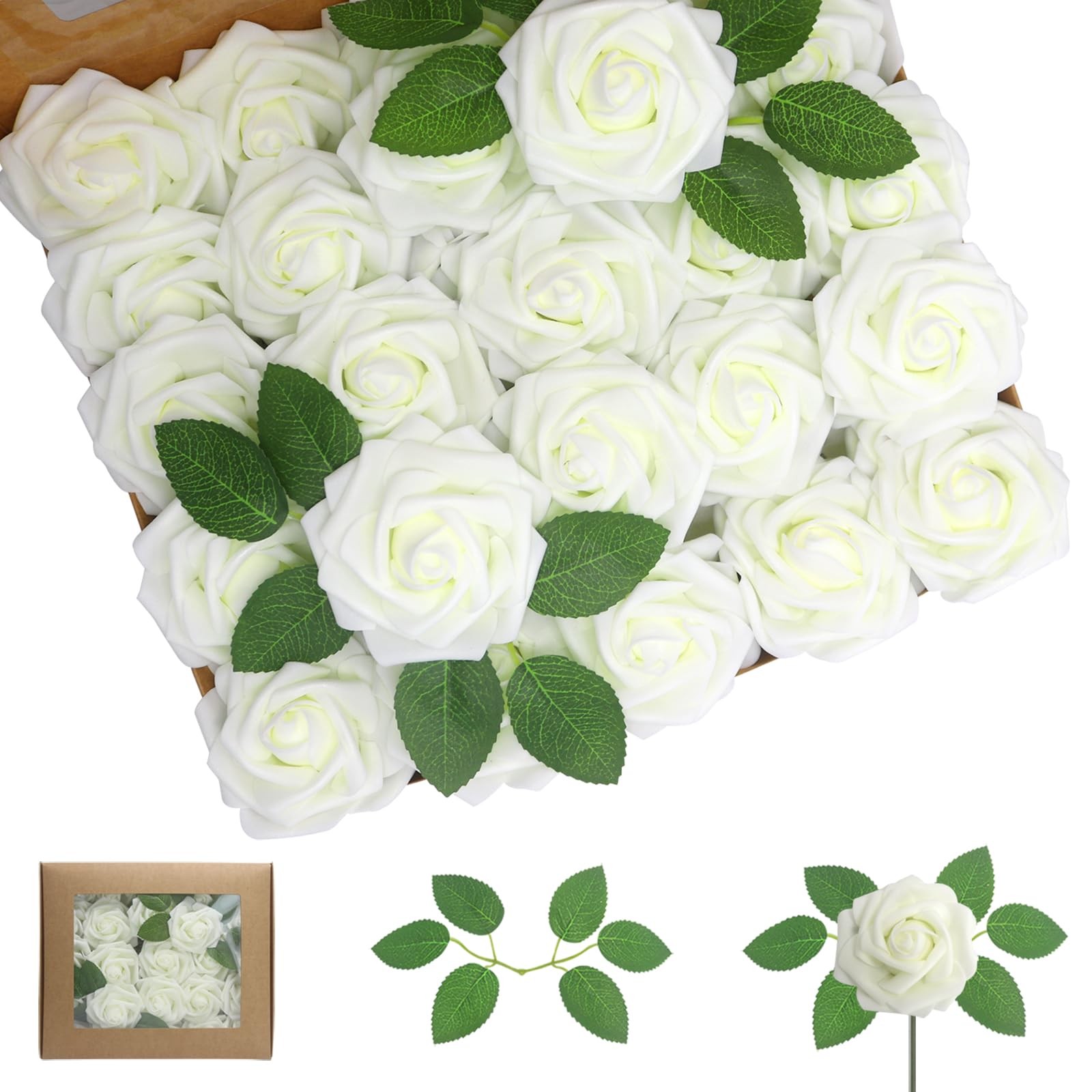 100PCS Ivory Realistic Roses – Artificial Latex Foam Flowers with Bendable St…