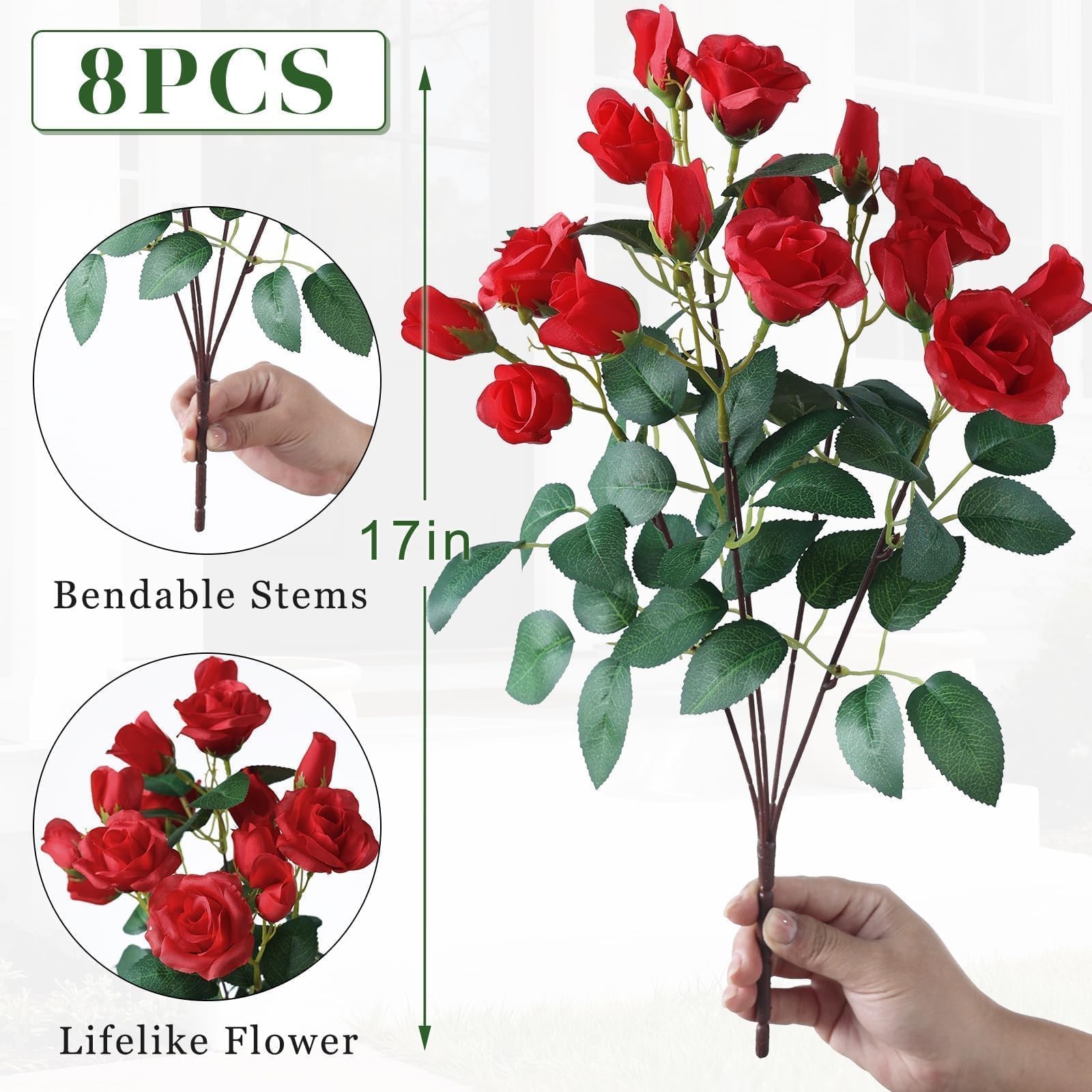 Bundles Artificial Roses for Front Door Outdoor Decor, Realistic Fake 8 Red