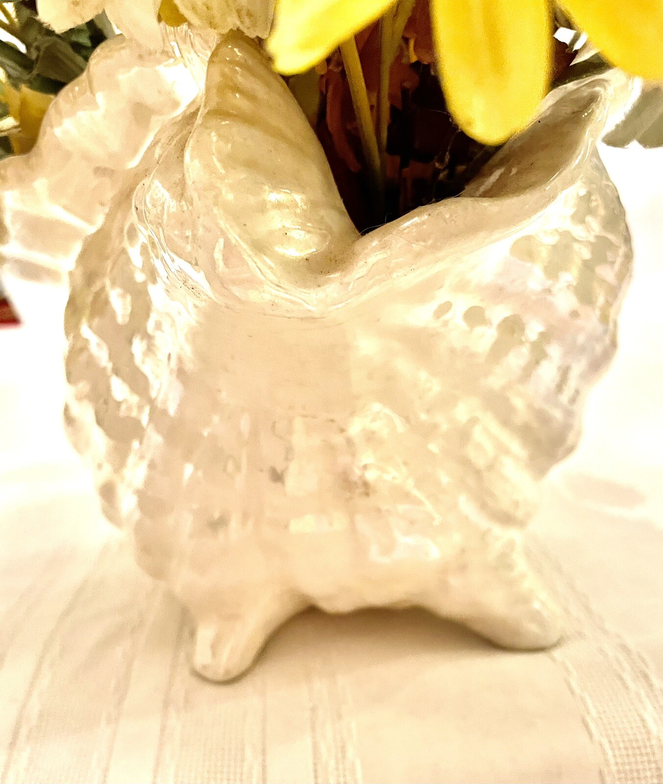 Floral Decor Multiple Silk Flowers In Ceramic Conch Sea Shell Planter 13” H