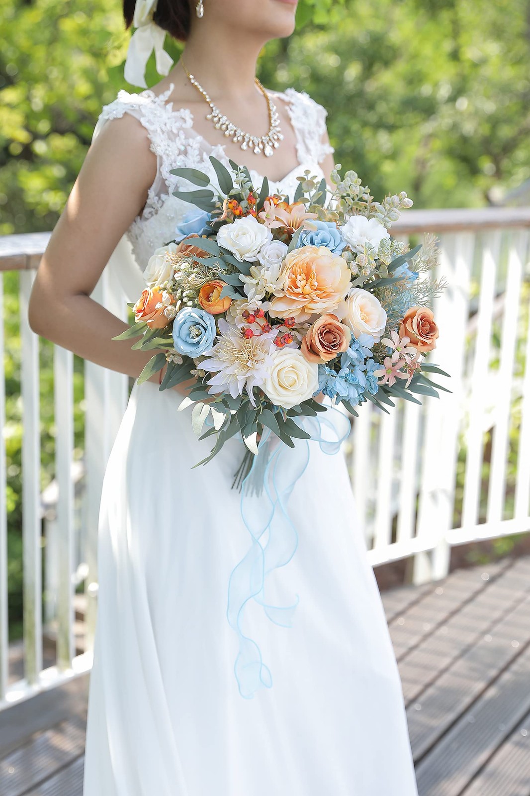 Artificial Flowers Combo Fake Silk Fall Bouquets Wedding Decor Blue White