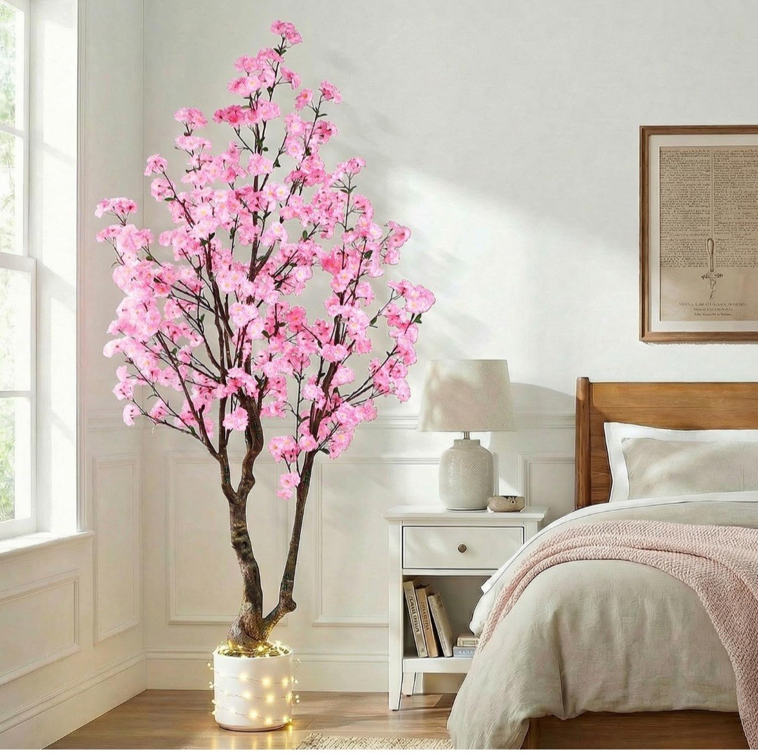Artificial Pink Cherry Blossom Tree Topiary 7 ft in White Pot Floral Decor