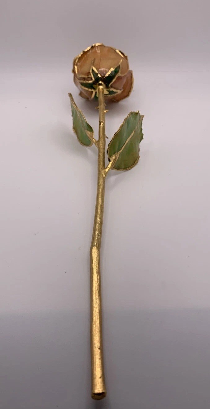 Real Rose Lacquer Dipped 24 Karat Gold Trim Lite Pink/Orange 11.5” With Vase
