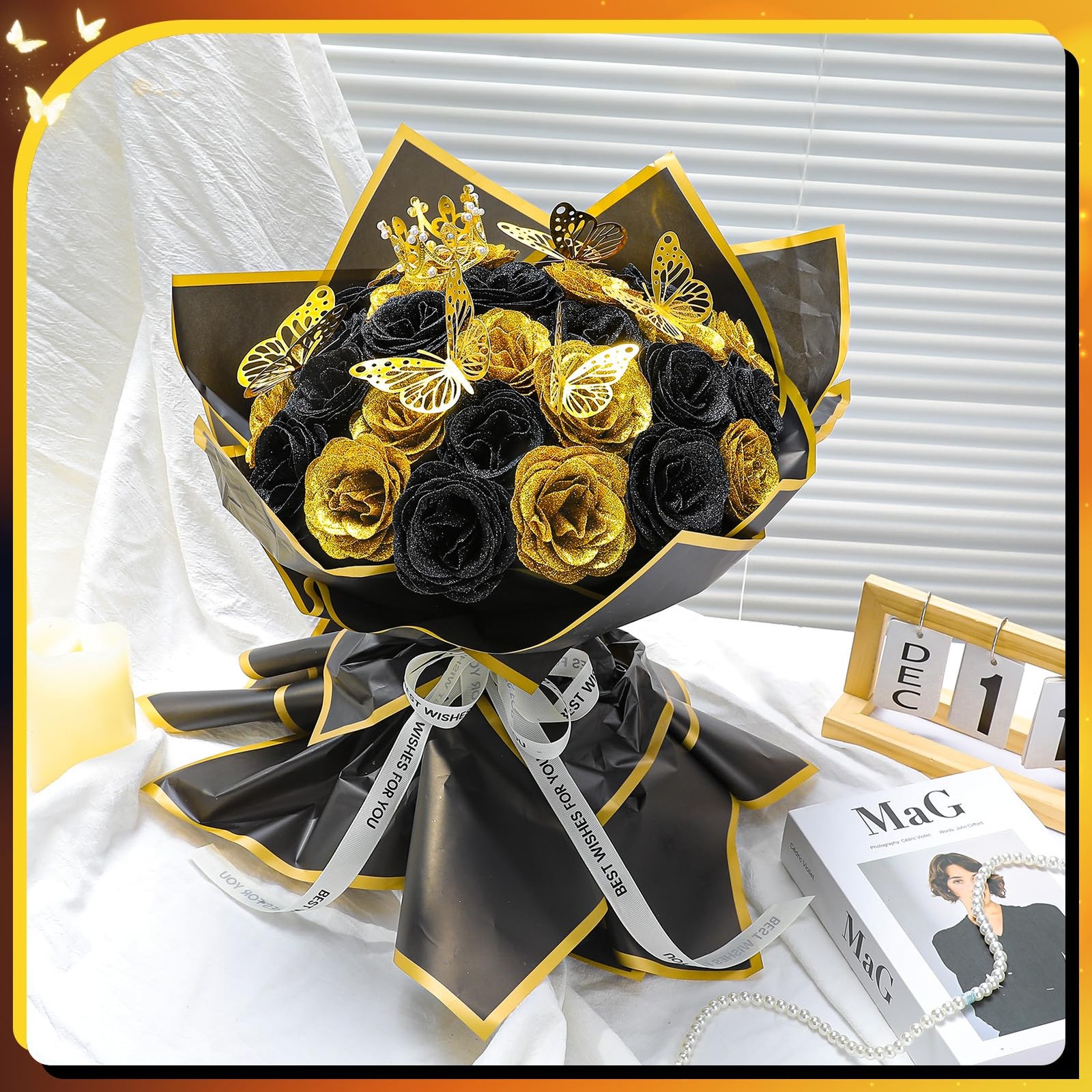 36 PCS Glitter Roses Bouquet Kit, Black, Gold Sparkling Flower Arrangement wi…