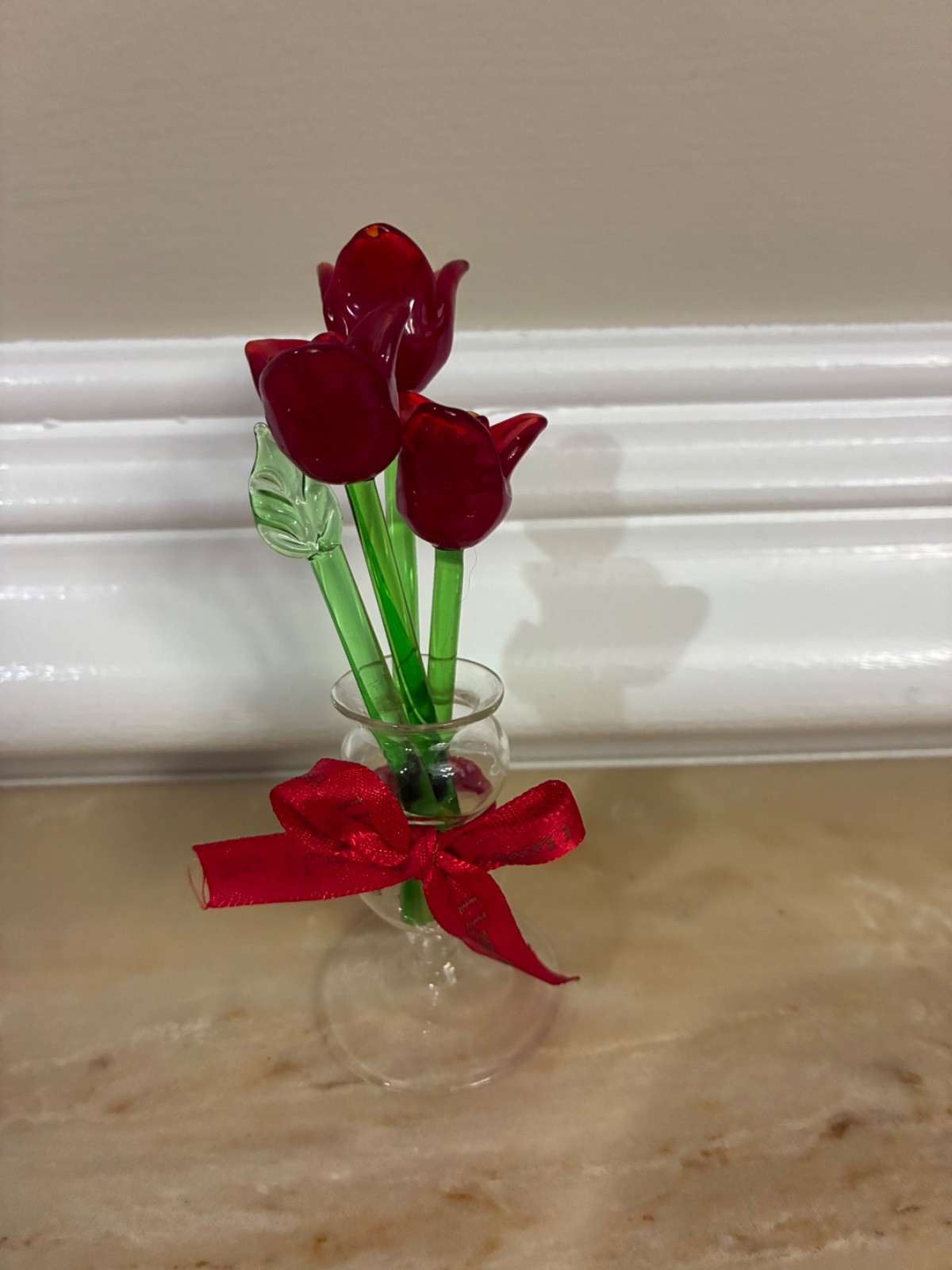 Miniature Hand-Blown Glass ROSES Flower Bouquet in Tiny Clear Vase