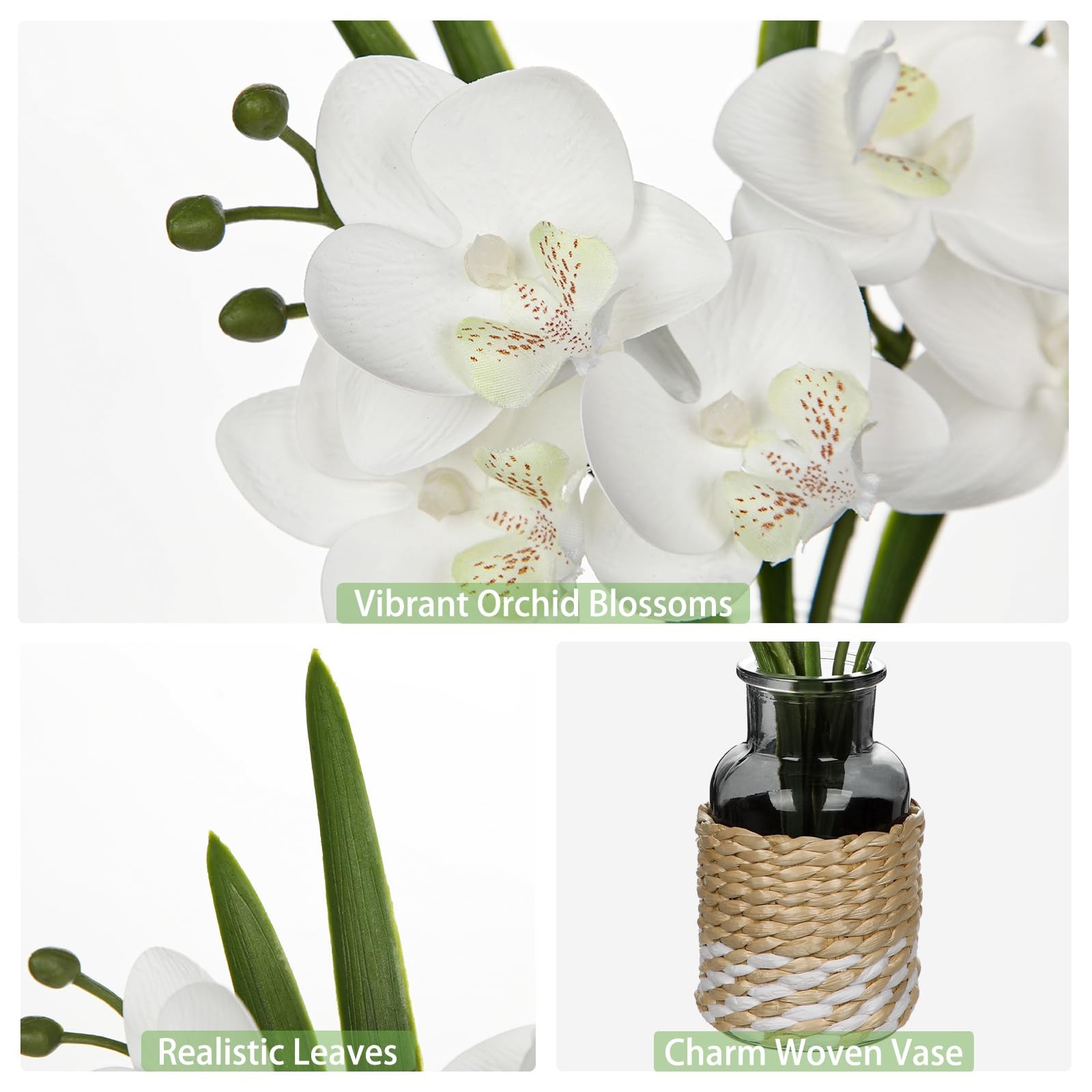 White Orchids Artificial Flowers with Vase, Small Faux Orchid Arrangement Fak…