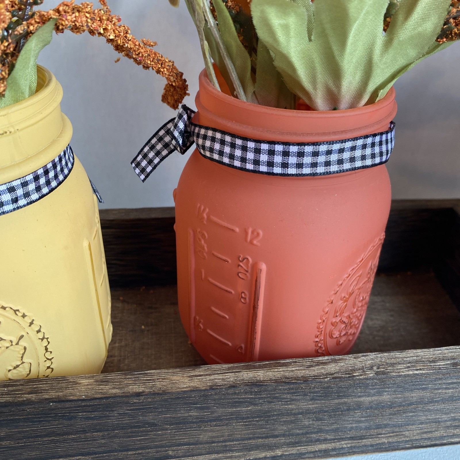 Painted Mason Jars Floral Decor In Tray Light Weight Fall Colors Checked Bows