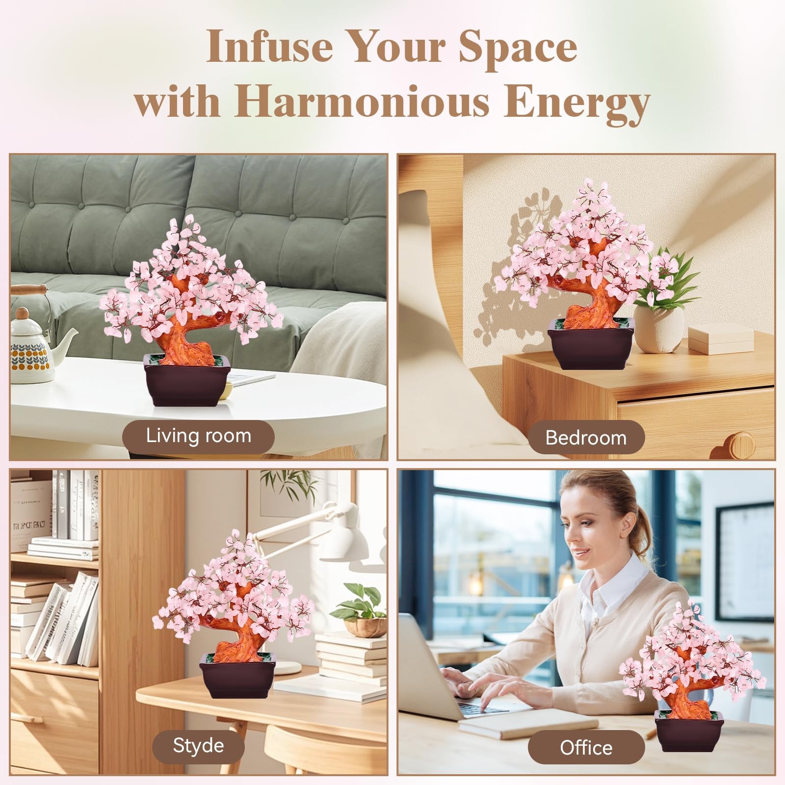 Árbol del dinero cristal cuarzo rosa natural Feng Shui, bonsái cristal curativo