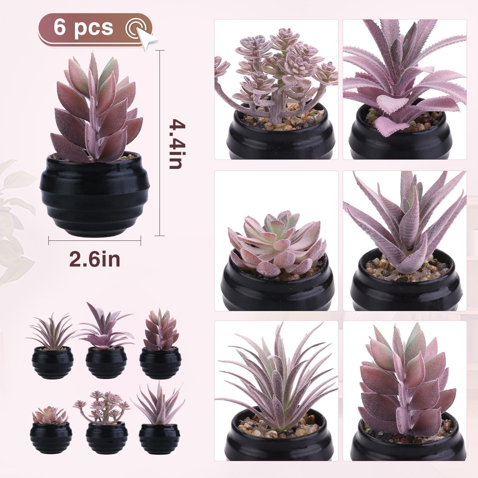 6 Pcs Purple Artificial Succulents in Plastic Pots Graduation Decorations Cla…