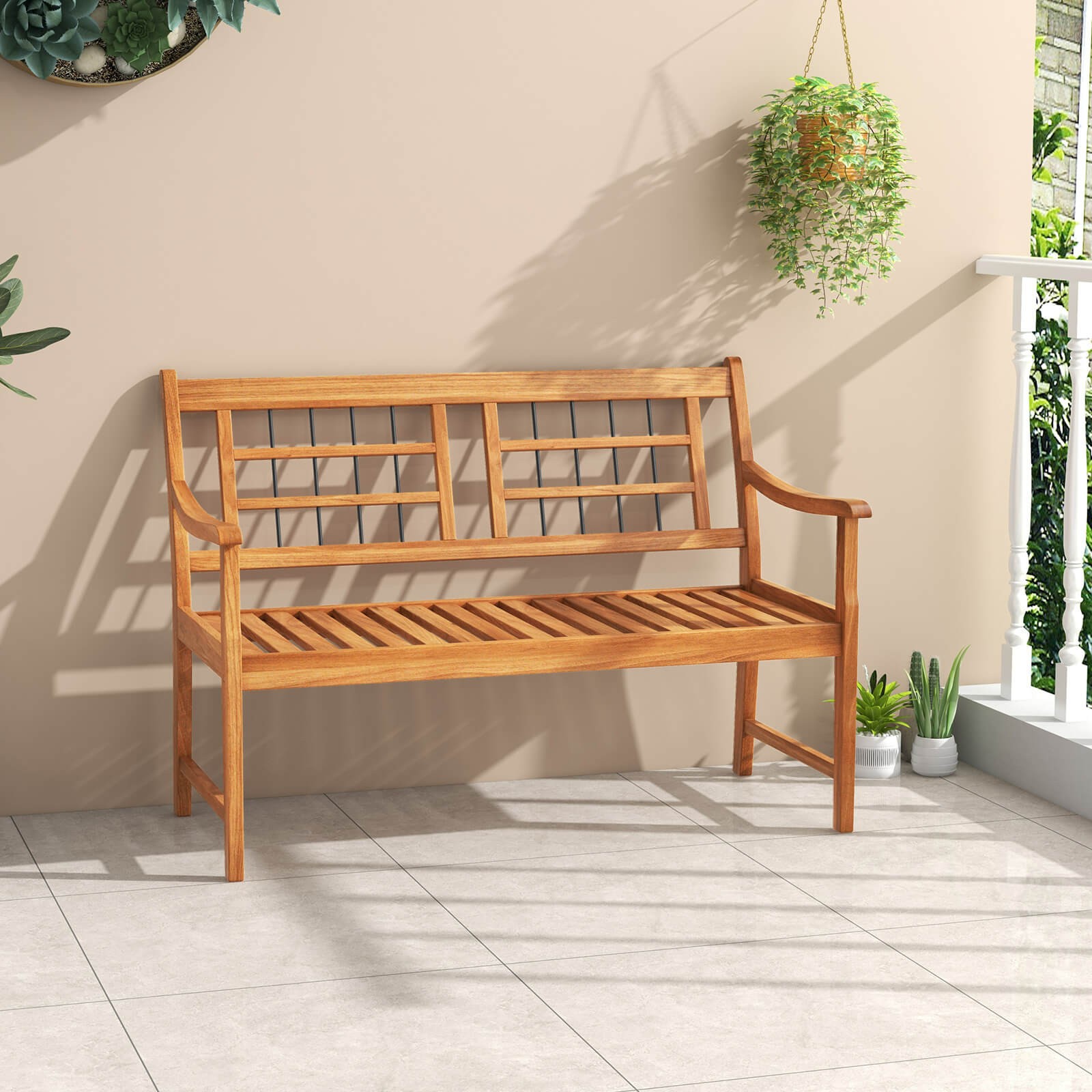 2-Person Patio Bench Outdoor Acacia Wood Bench w/ Slatted Seat & Backrest