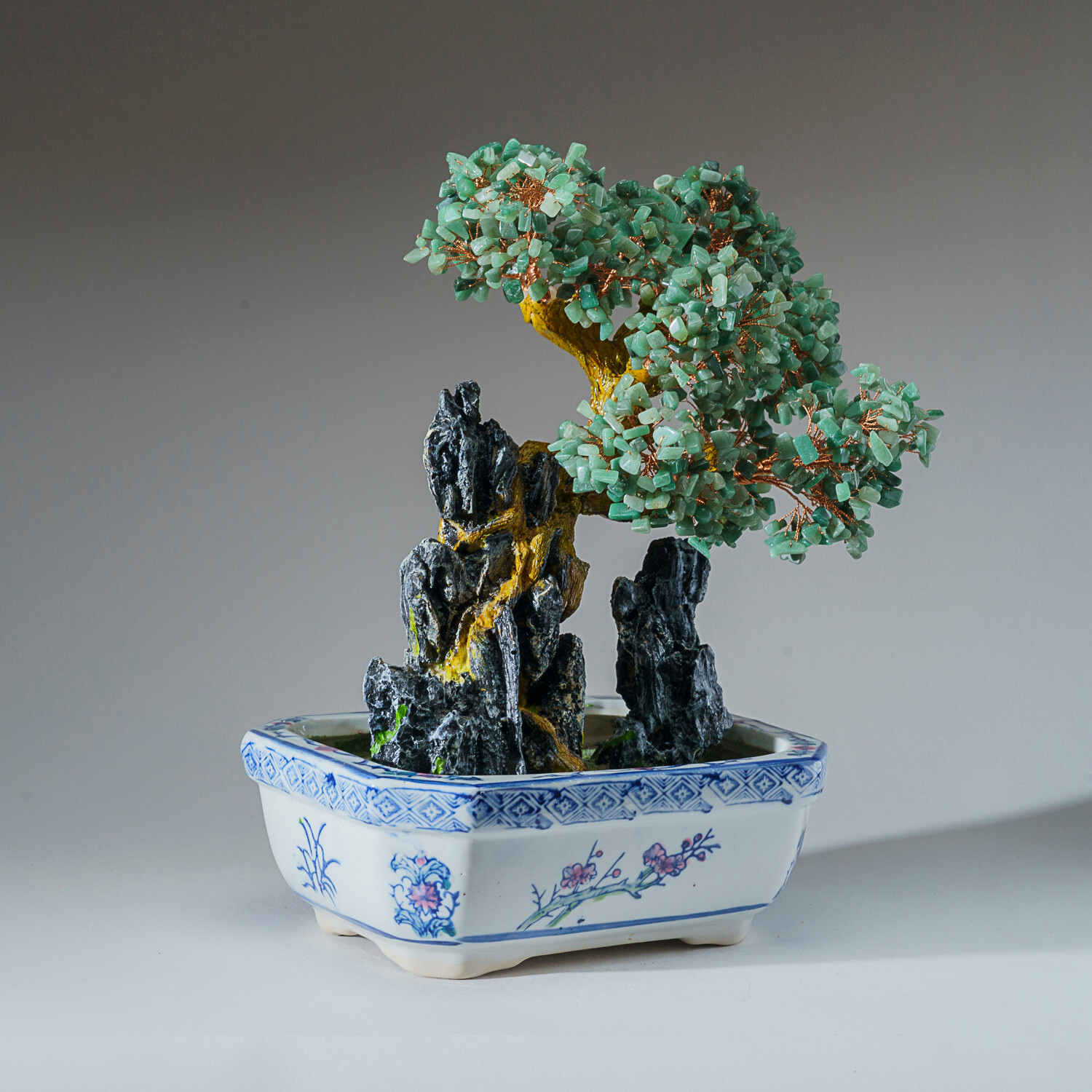 Genuine Green Aventurine Gemstone Bonsai Tree in Round Ceramic Pot (13”)