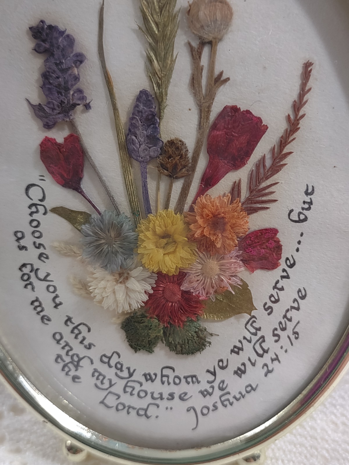 Pressed Dried Flowers With Joshua Scripture Oval Frame Vintage Cottage Handmade