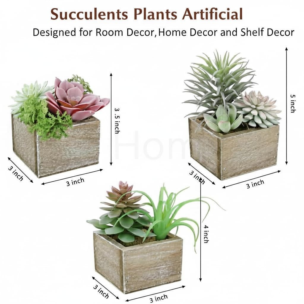 Succulent Plants Artificial, 3 Pack Small Fake Plants in Wood Pot for Home De…