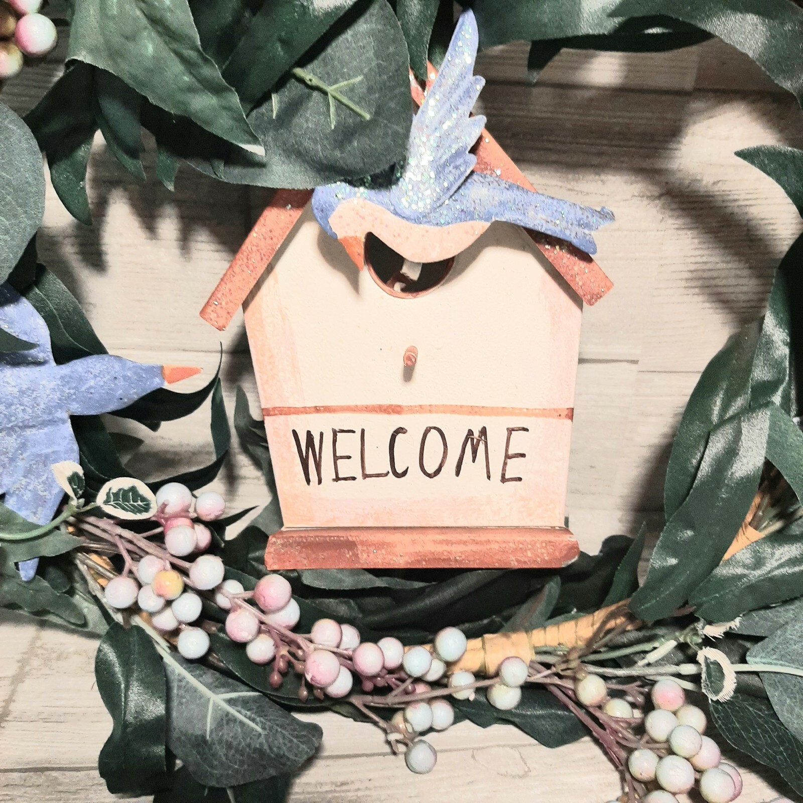 Welcome Home Spring Ivy Wreath Bird House Grapevine With Ornate Metal Topper