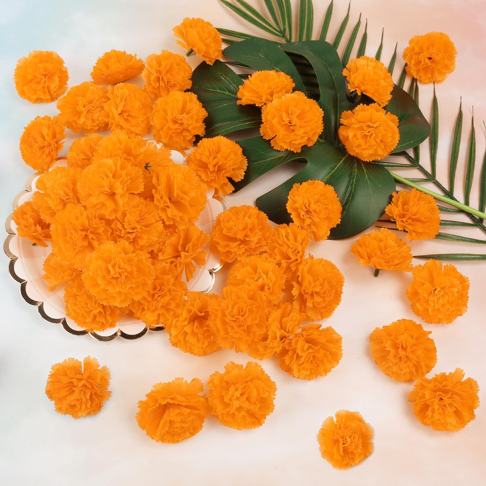 50 Pcs Artificial Marigold Flowers,2″ Silk Marigold Flower Heads with Stems,O…