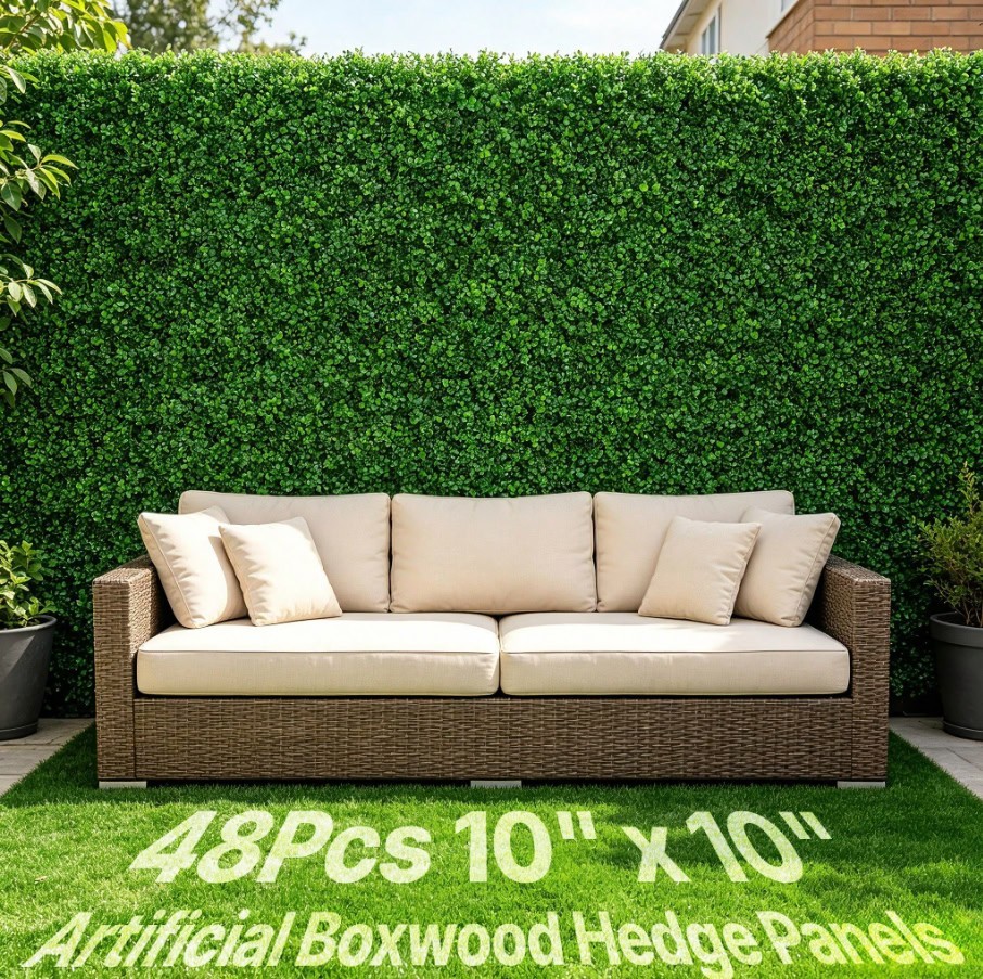 48Pc 10x10in Artificial Boxwood Panels UV Green Hedge