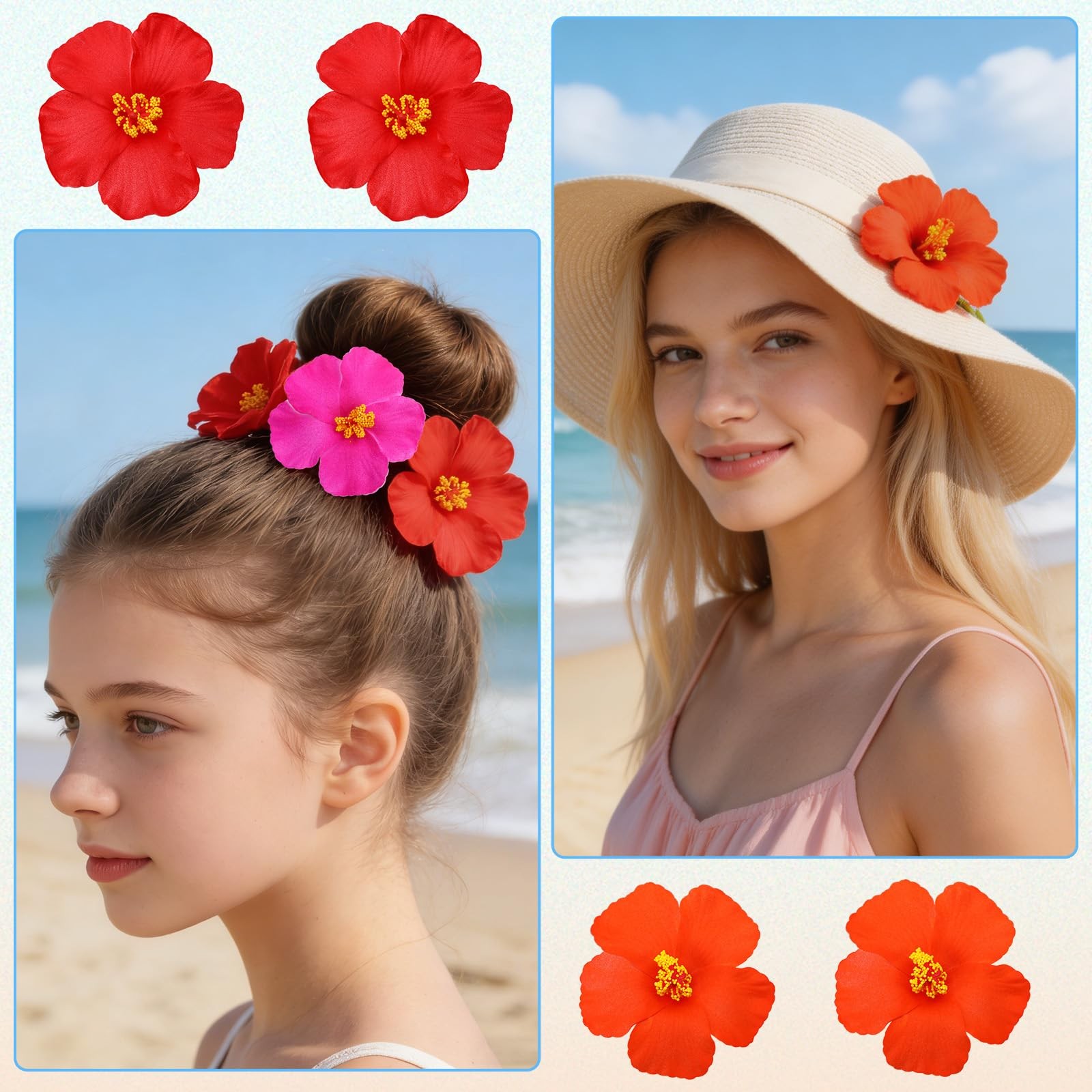 16 Pieces Artificial Hibiscus Flowers for Hawaiian Luau Party, Pink