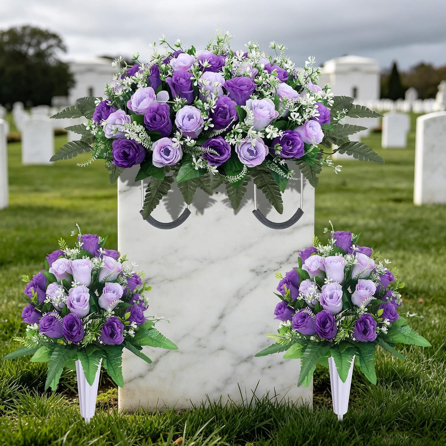 3 Sets Cemetery Flowers for Grave,Headstone Flower Saddle,Grave Memorial ….