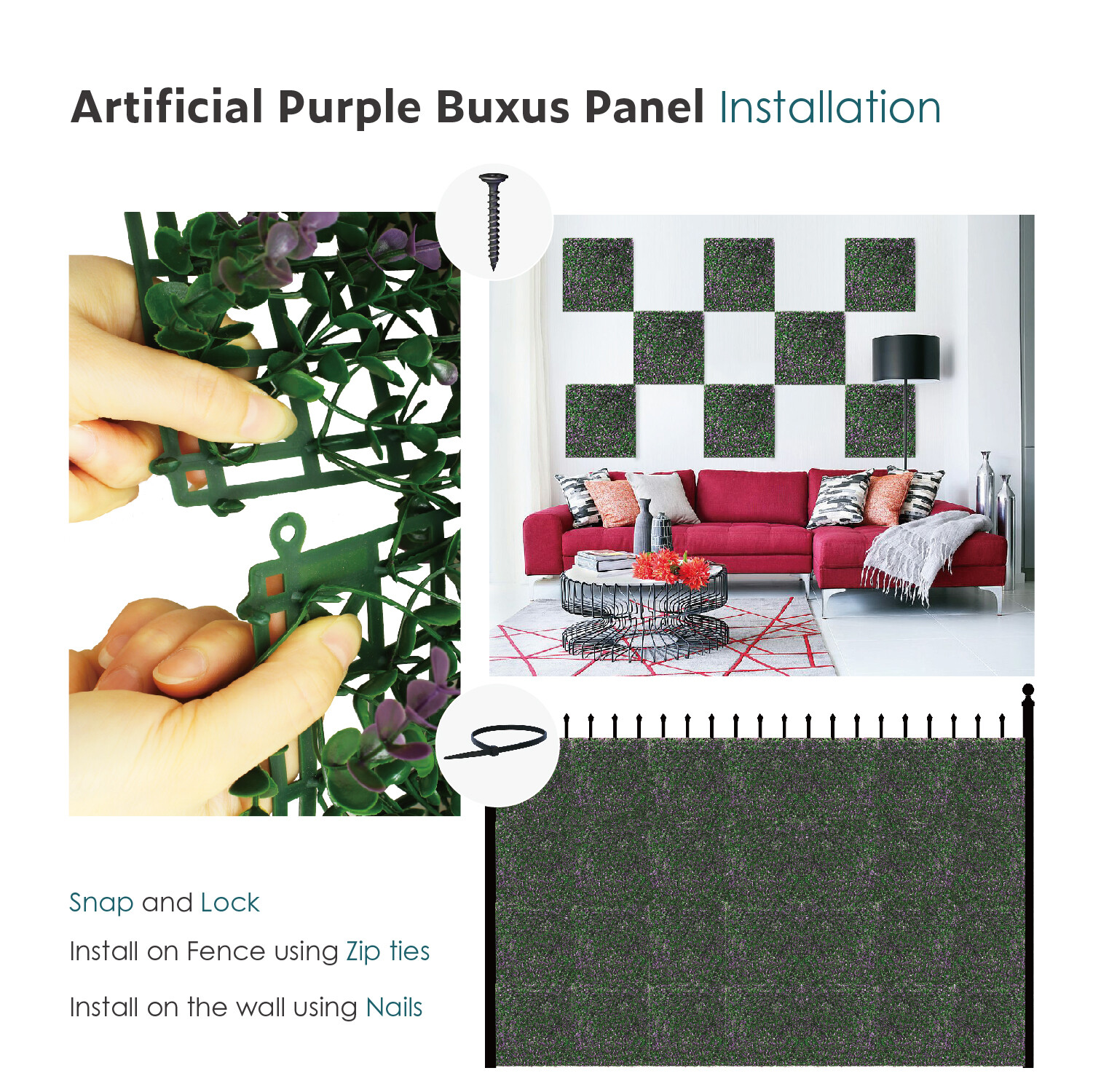 20″ Artificial Lavender Buxus Mat Faux Fence Panel Wall Decor Ficus Grass Hedge