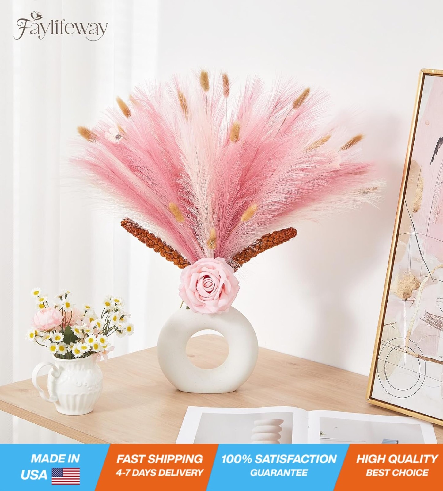 50pcs Artificial Pampas Grass Decor – 17″ Fluffy Blush & Cream Faux Stems