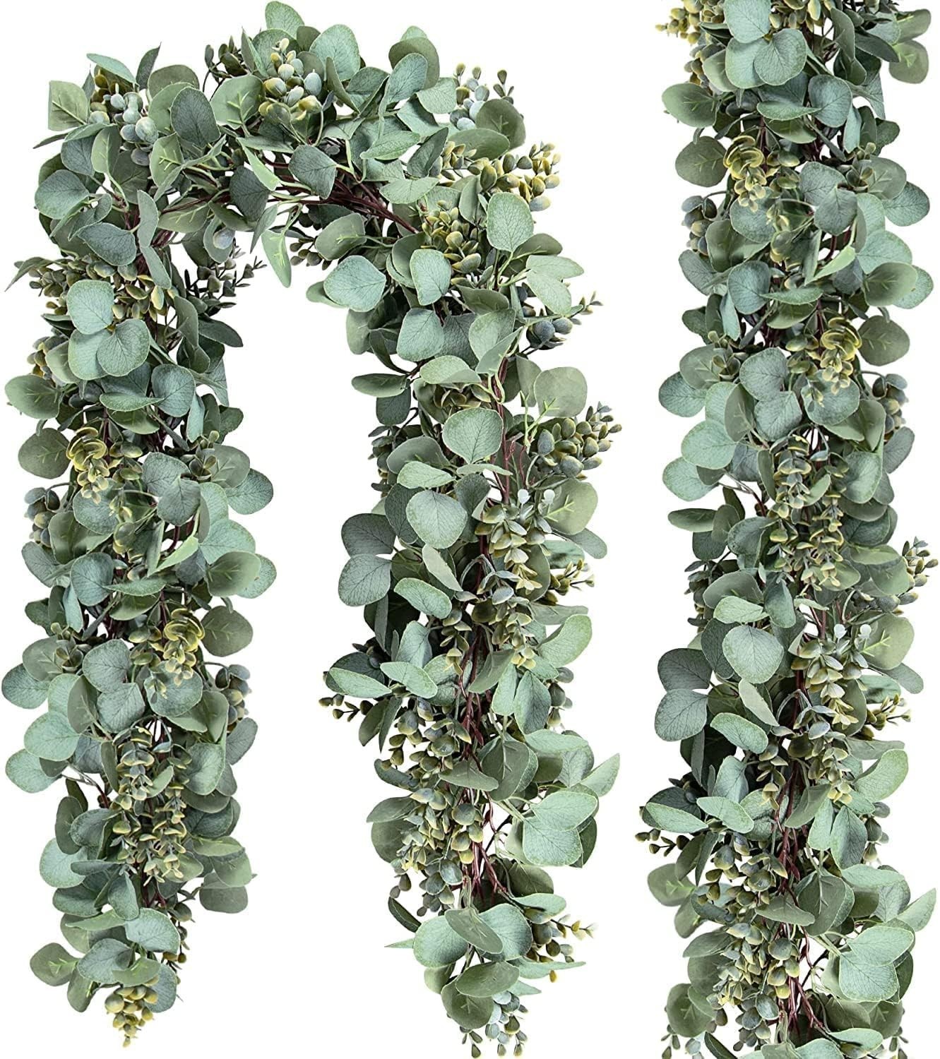 Eucalyptus Garland 6.56 Ft Lush Silver Dollar Leaves Boxwood W/ White Buds
