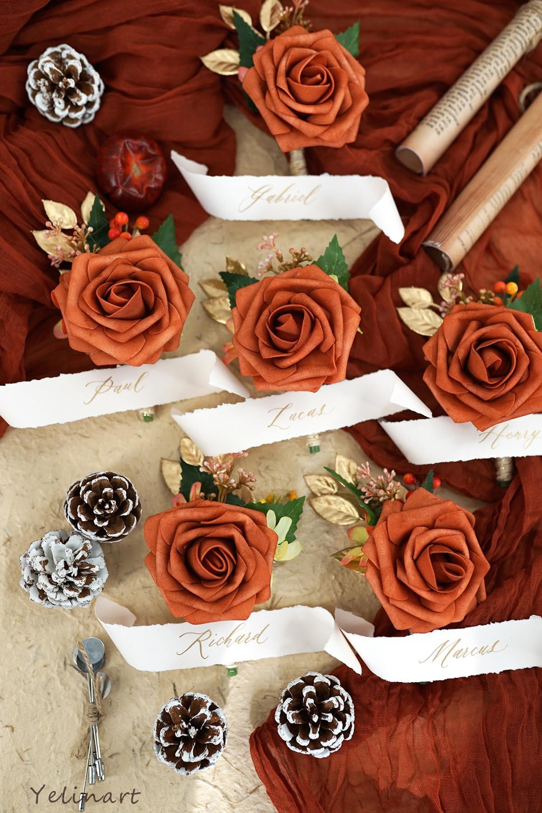 1 PCS Orange Boutonniere Men Wedding Groom Groomsmen Artificial Rose Flower