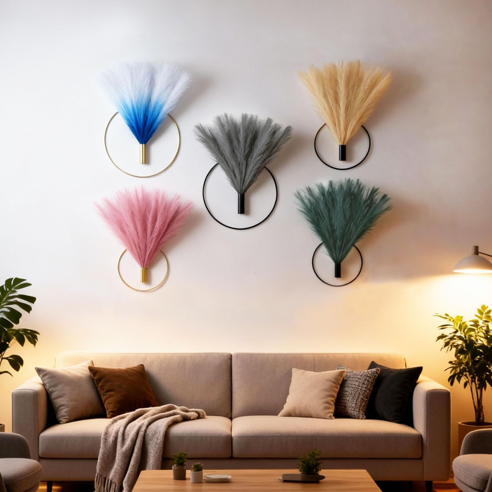 Boho Wall Decor – Metal Hanging Art, Pampas Grass Display for Living Room, Bedro