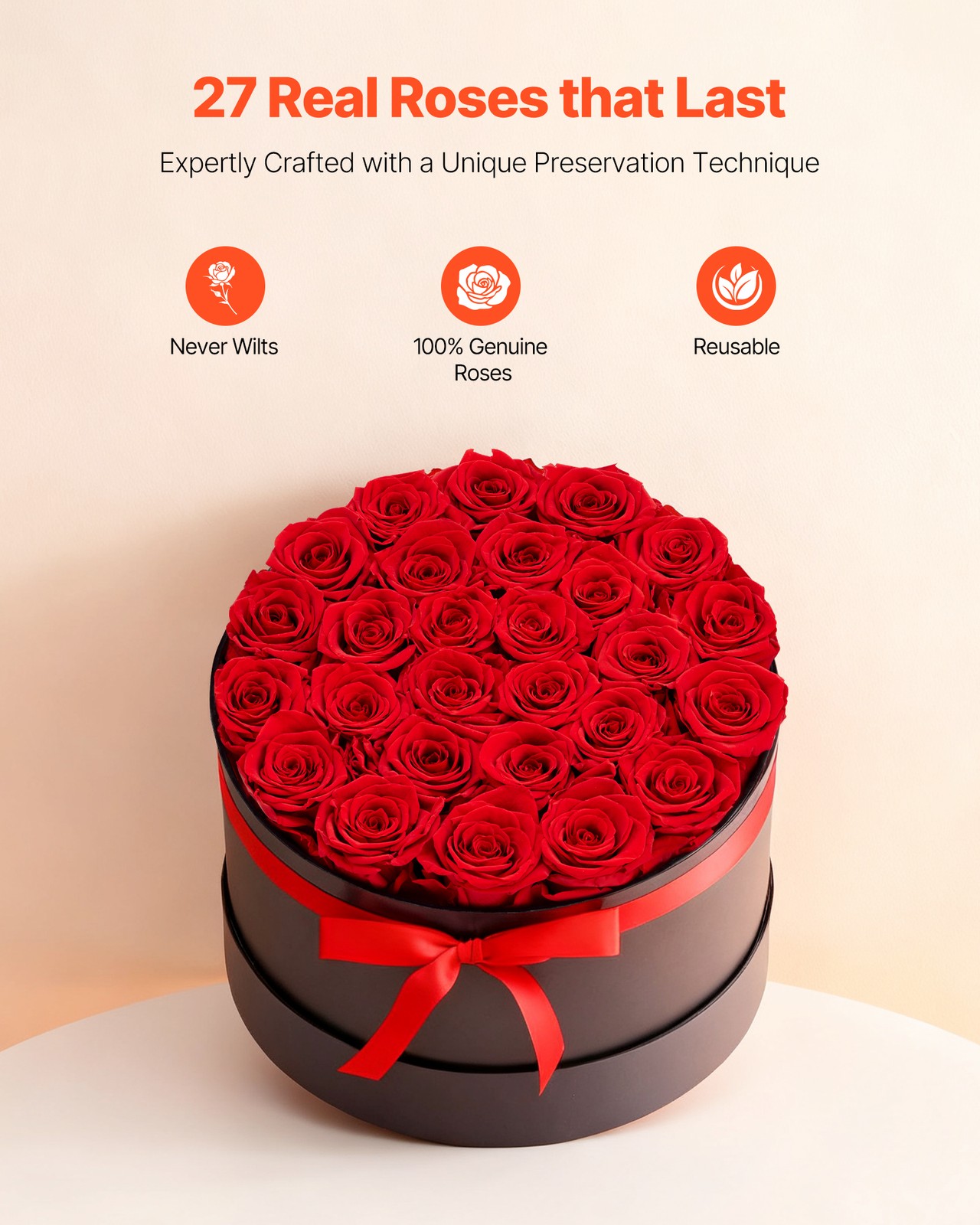 VEVOR Forever Flowers 27 Preserved Roses Round Box Eternal Bouquet Red